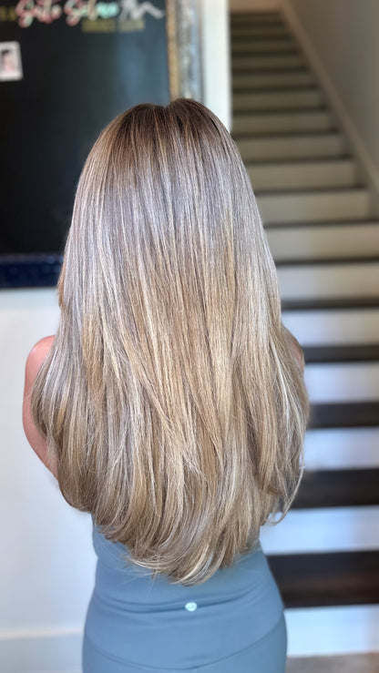 “Client before and after with Solace Seamless weft hair extensions”