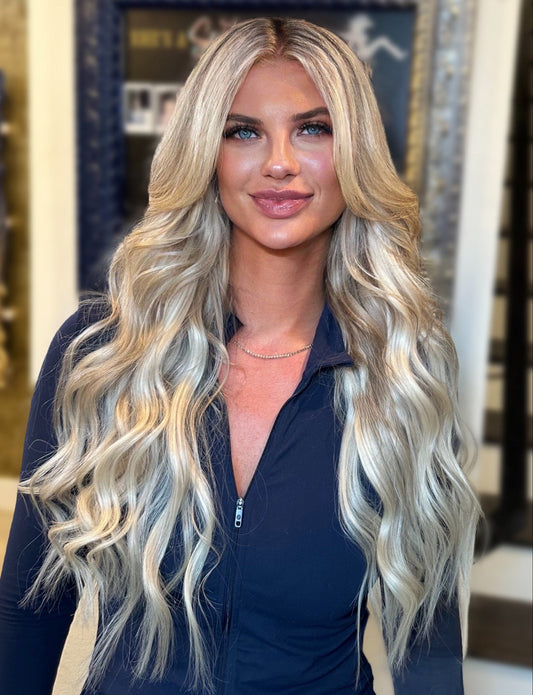 “Client before and after with Solace Seamless weft hair extensions”