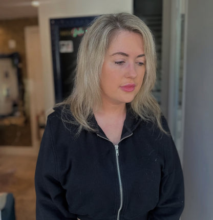 “Client before and after with Solace Seamless weft hair extensions”